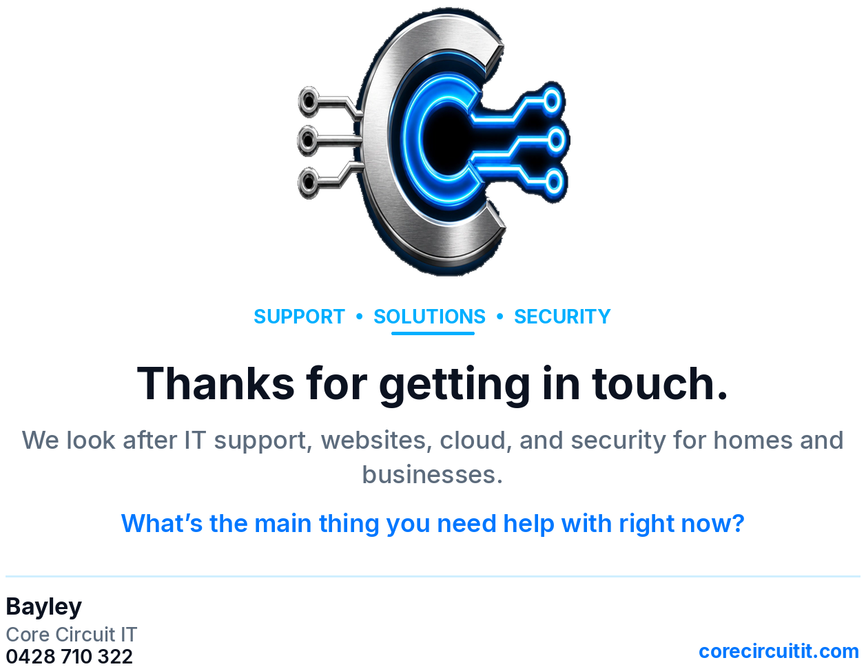 Core Circuit IT welcome message